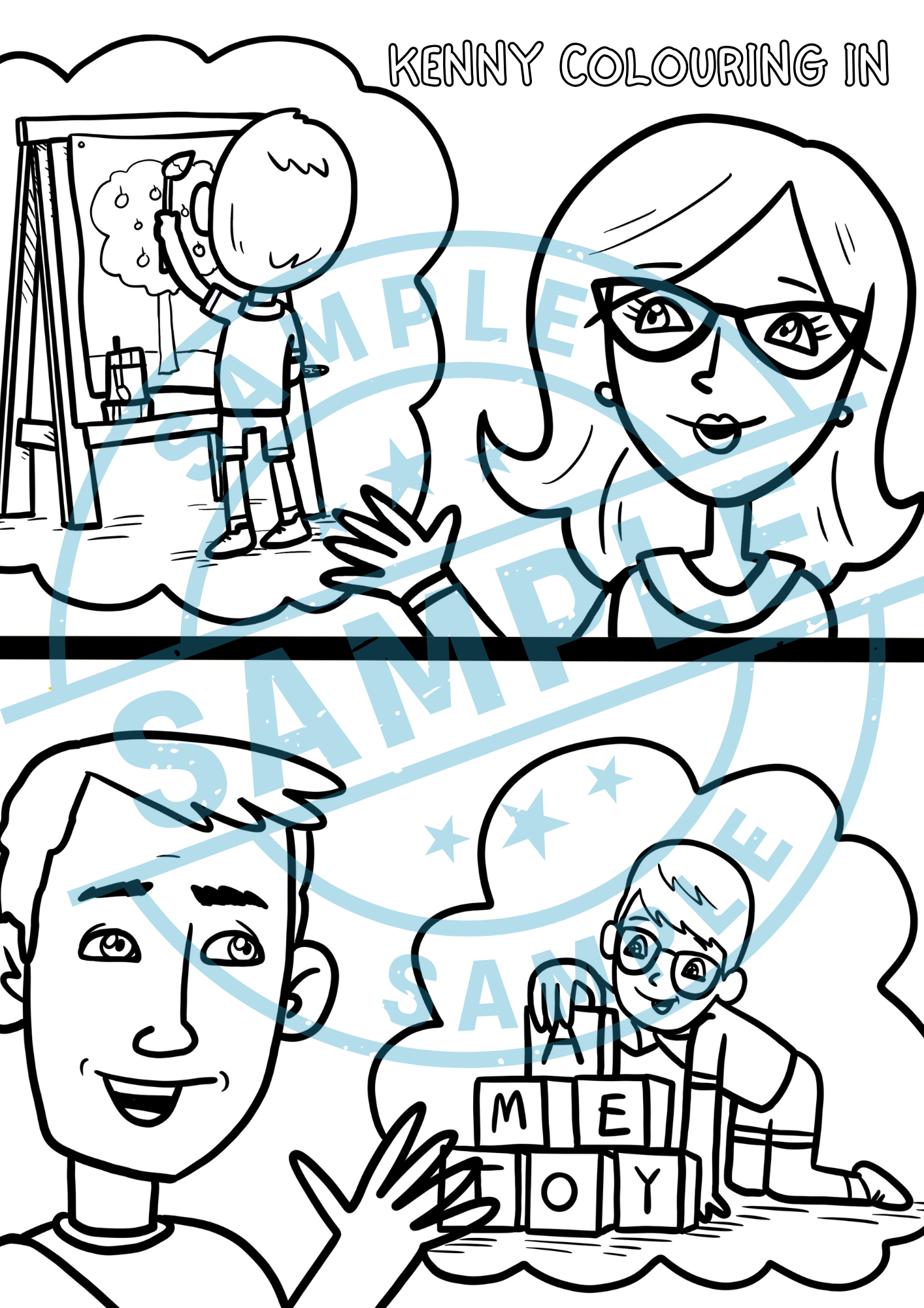 Mum, Dad and Kenny School Day Colouring in